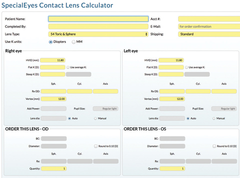 Fig. 3. A custom toric lens was made for the patient using the SpecialEyes Contact Lens Calculator.