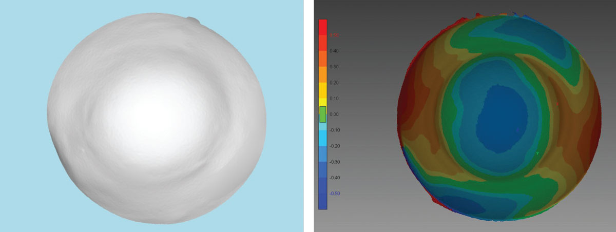 Fig 9. (Left) A 3D printed model from an initial EyePrint impression is used to design the customized prosthetic. (Right) This corneo-scleral profile map is also constructed from the 3D printed impression.